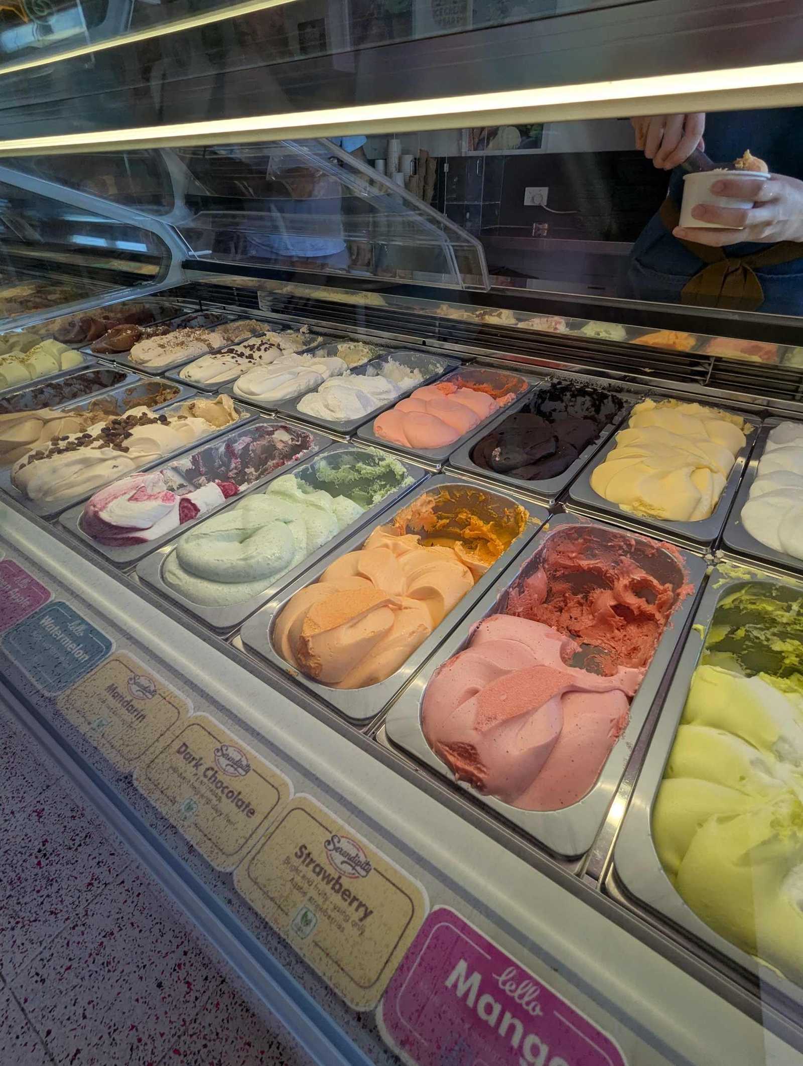 The gelato cabinet with flavour labels