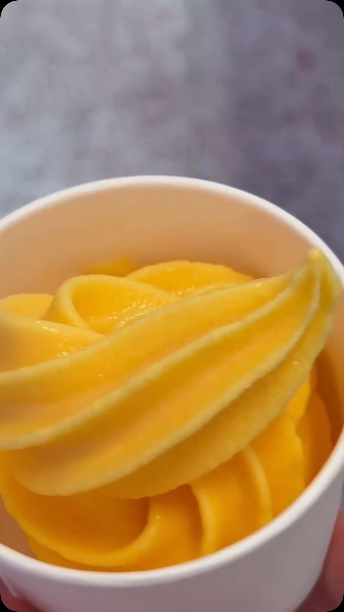A swirl of mango frozen yoghurt in a cup