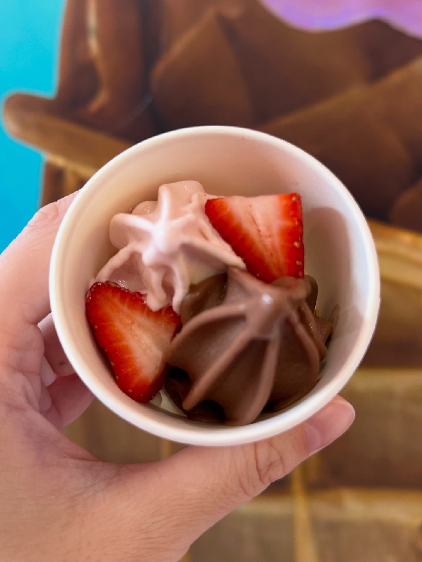 Strawberry and chocolate frozen yoghurt swirls with fresh strawberries